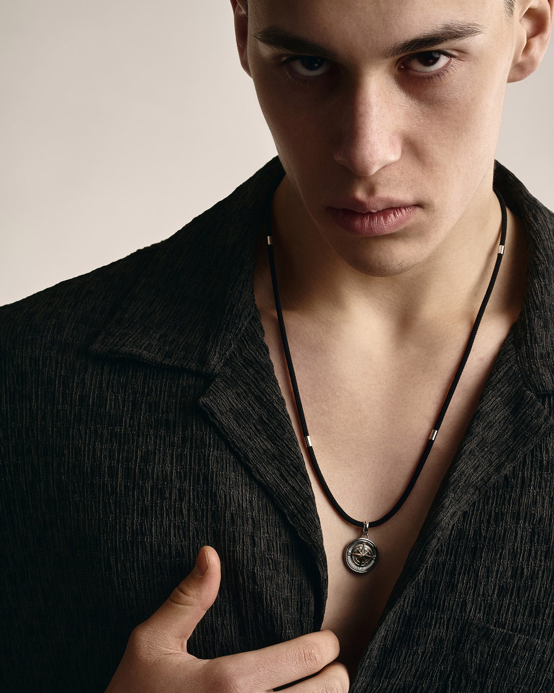 Silk cord with 14k white gold inlays