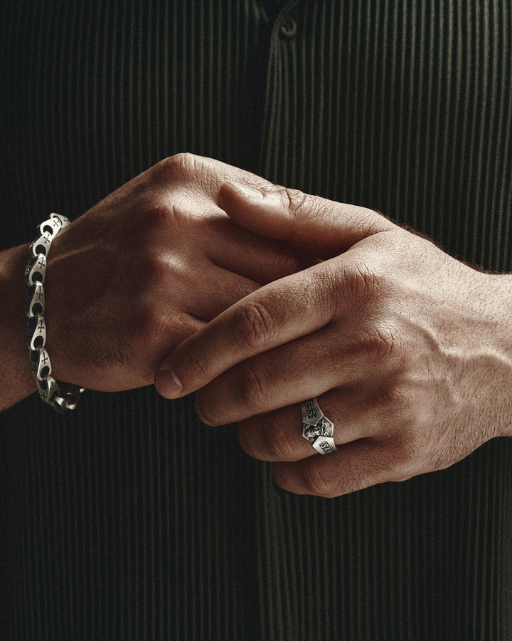 Silver ring GOD BLESS, SAVE US