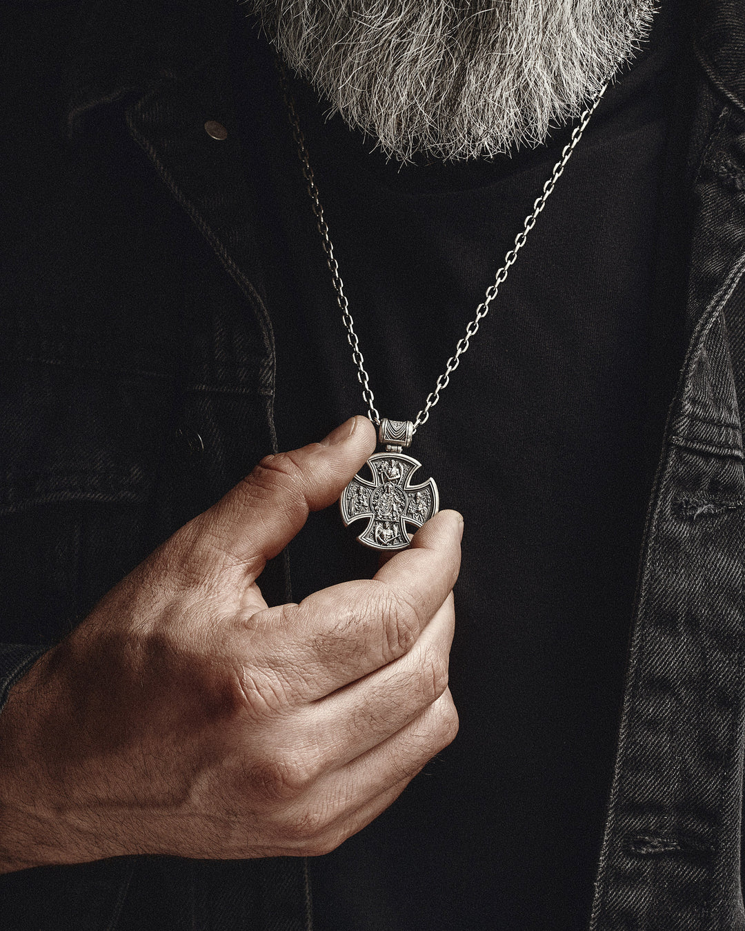 Silver cross JESUS CHRIST. SAINT MARY, PRAY FOR US