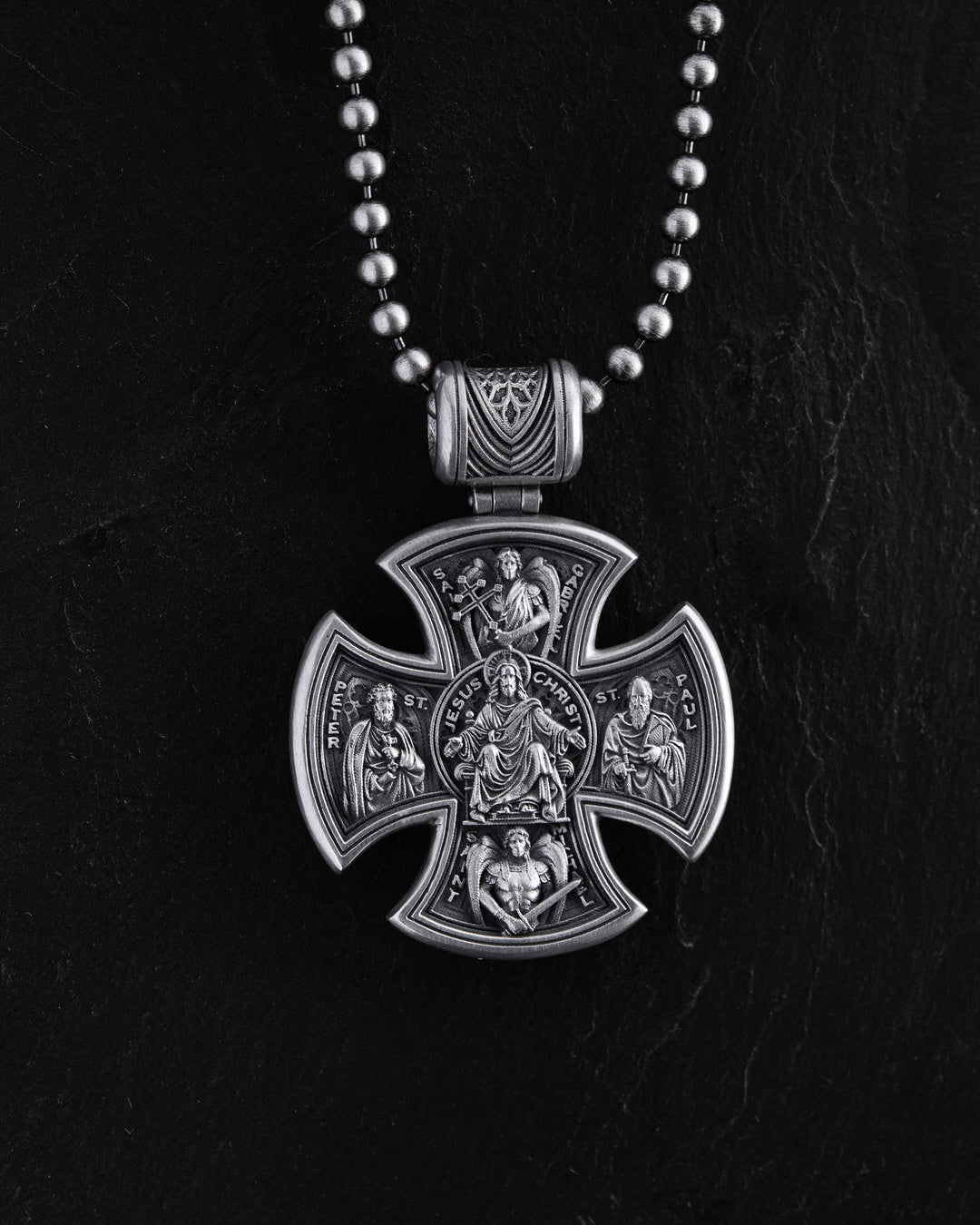 Silver cross JESUS CHRIST. SAINT MARY, PRAY FOR US