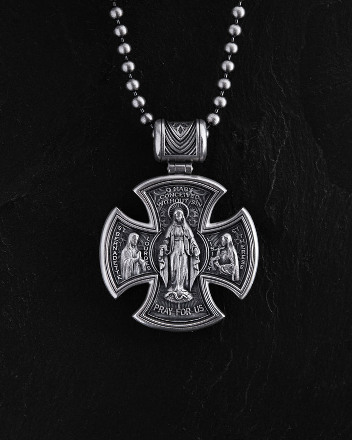 Silver cross JESUS CHRIST. SAINT MARY, PRAY FOR US