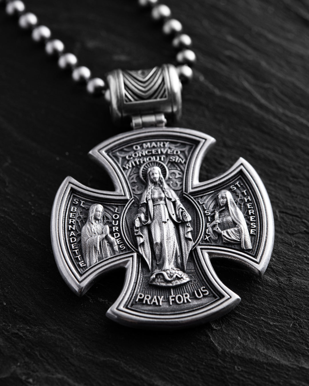 Silver cross JESUS CHRIST. SAINT MARY, PRAY FOR US