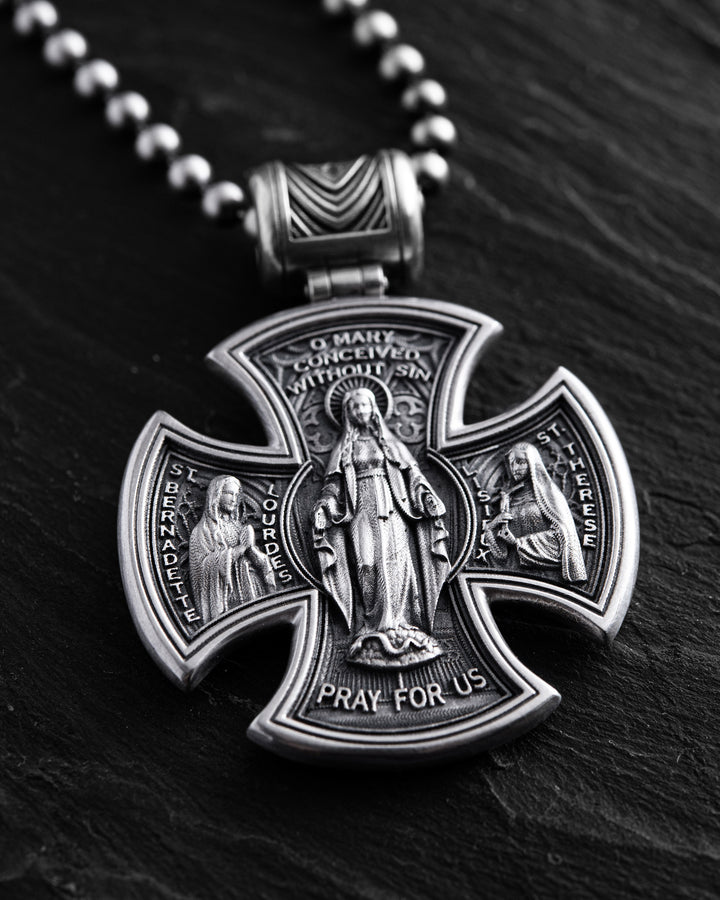 Silver cross JESUS CHRIST. SAINT MARY, PRAY FOR US