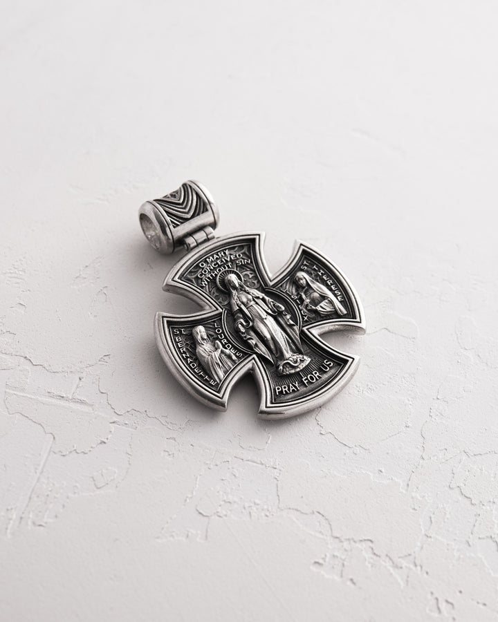 Silver cross JESUS CHRIST. SAINT MARY, PRAY FOR US