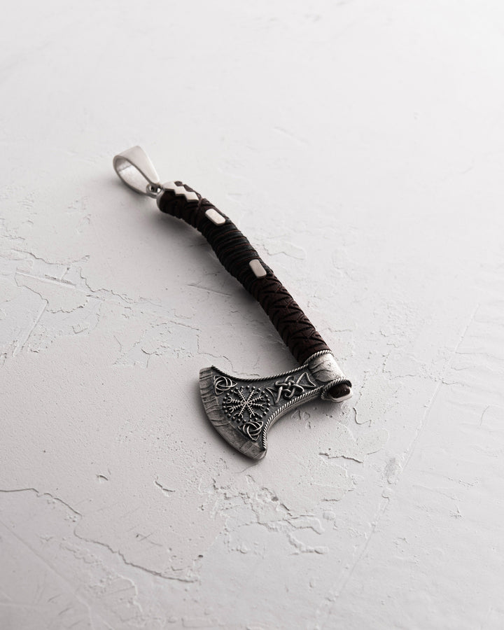 Silver pendant AXE - HELMET of TERROR with wood
