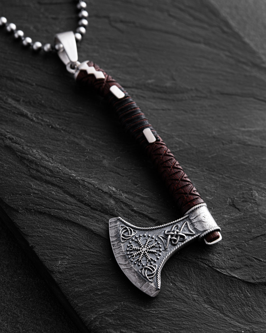 Silver pendant AXE - HELMET of TERROR with wood