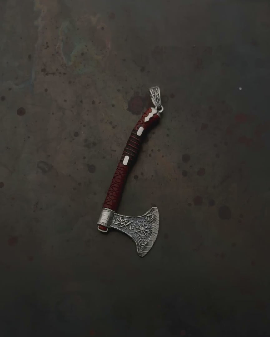 Silver pendant AXE - HELMET of TERROR with wood
