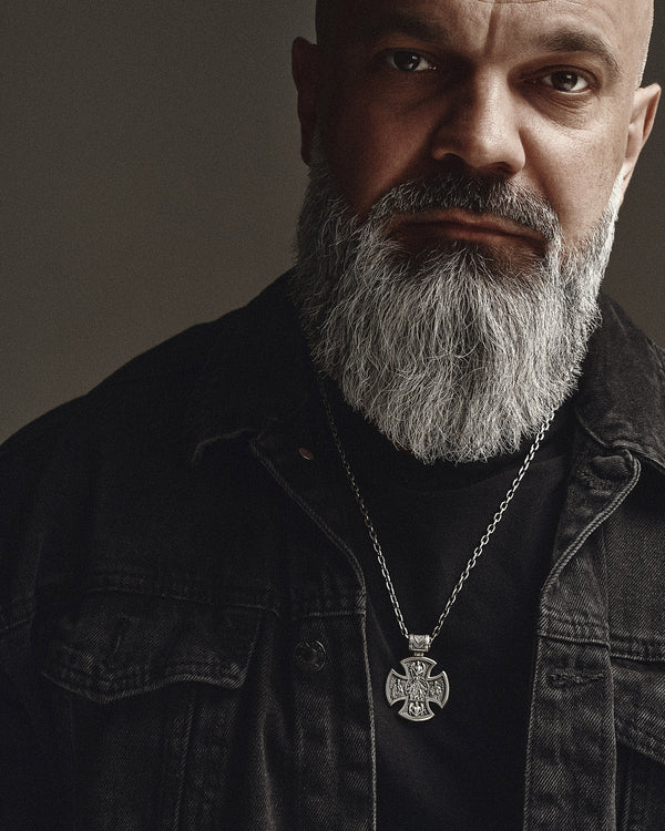 Silver cross JESUS CHRIST. SAINT MARY, PRAY FOR US