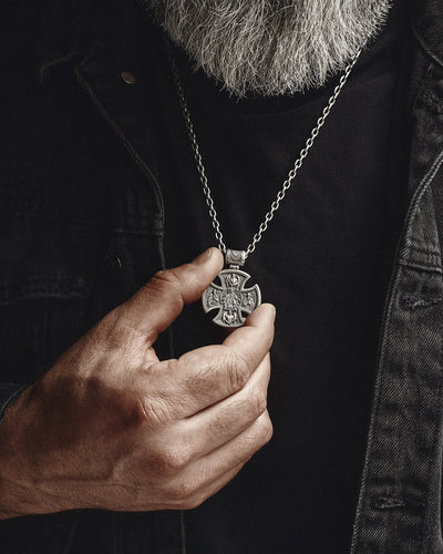 Silver cross JESUS CHRIST. SAINT MARY, PRAY FOR US