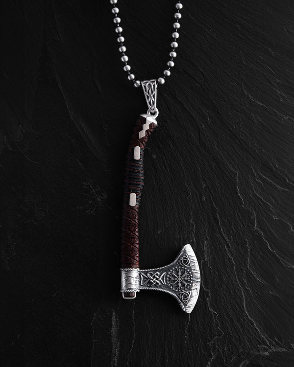 Silver pendant AXE - HELMET of TERROR with wood