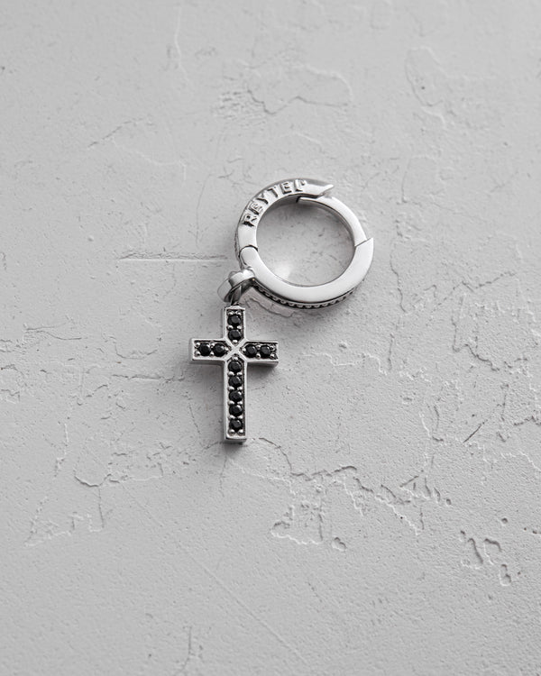 14k white gold single earring CROSS. BLACK STONES