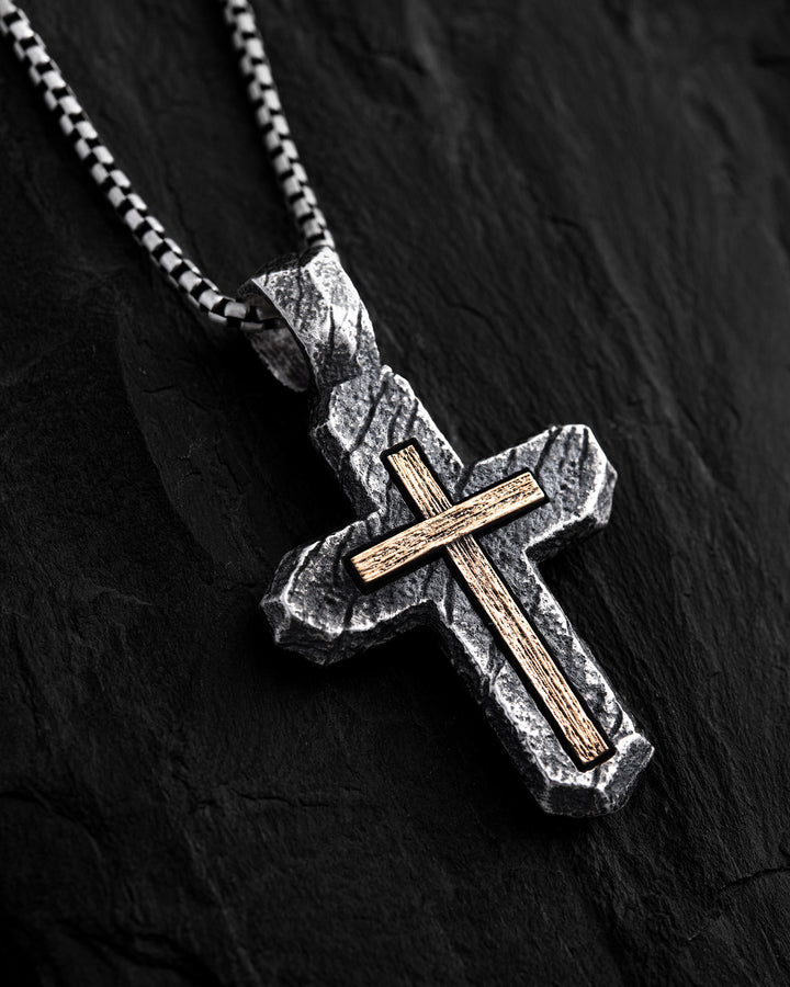 Silver cross CALVARY CROSS. IN GOD WE TRUST (inset of yellow gold 18k)