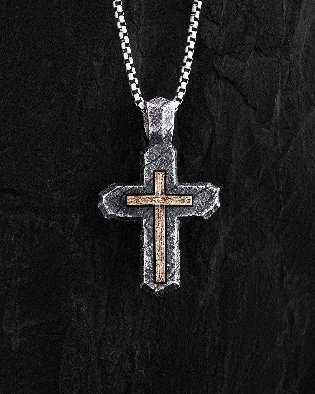Silver cross CALVARY CROSS. IN GOD WE TRUST (inset of yellow gold 18k)