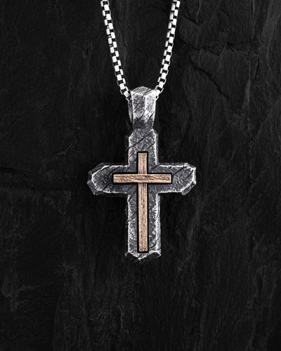 Silver cross CALVARY CROSS. IN GOD WE TRUST (inset of yellow gold 18k)