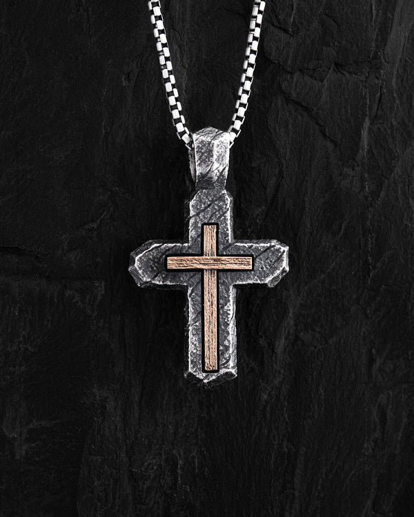 Silver cross CALVARY CROSS. IN GOD WE TRUST (inset of yellow gold 18k)