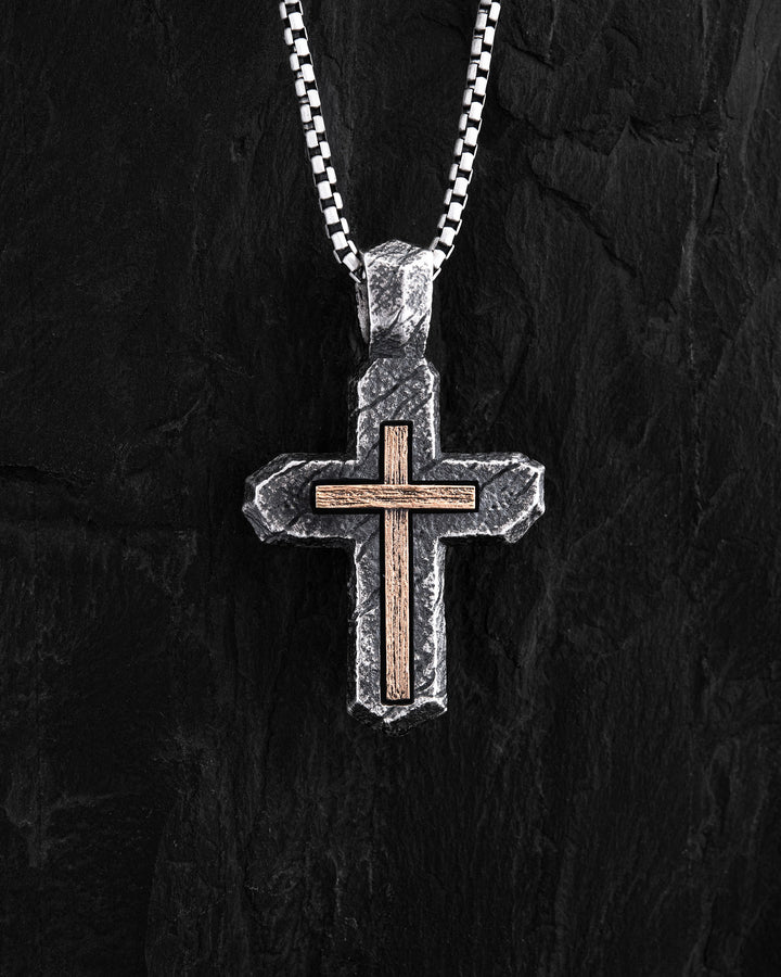 Silver cross CALVARY CROSS. IN GOD WE TRUST (inset of yellow gold 18k)
