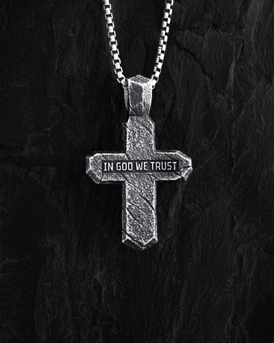 Silver cross CALVARY CROSS. IN GOD WE TRUST (inset of yellow gold 18k)