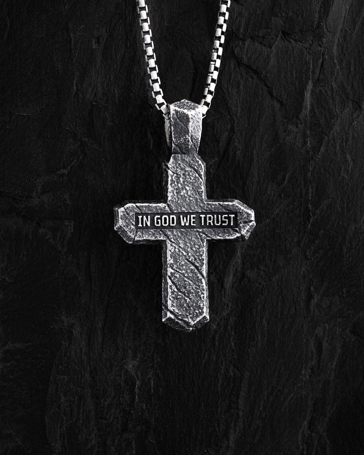 Silver cross CALVARY CROSS. IN GOD WE TRUST (inset of yellow gold 18k)