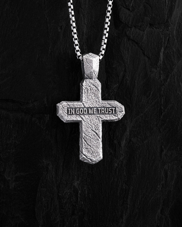 Silver cross CALVARY CROSS. IN GOD WE TRUST