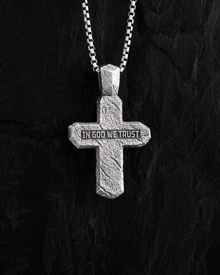 Silver cross CALVARY CROSS. IN GOD WE TRUST