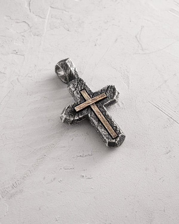 Silver cross CALVARY CROSS. IN GOD WE TRUST (inset of yellow gold 18k)