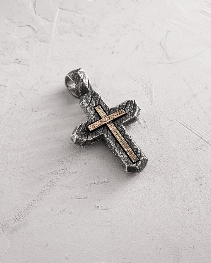 Silver cross CALVARY CROSS. IN GOD WE TRUST (inset of yellow gold 18k)