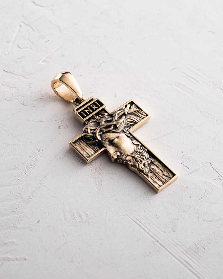 Cross FACE OF JESUS CHRIST. INRI (14k yellow gold)