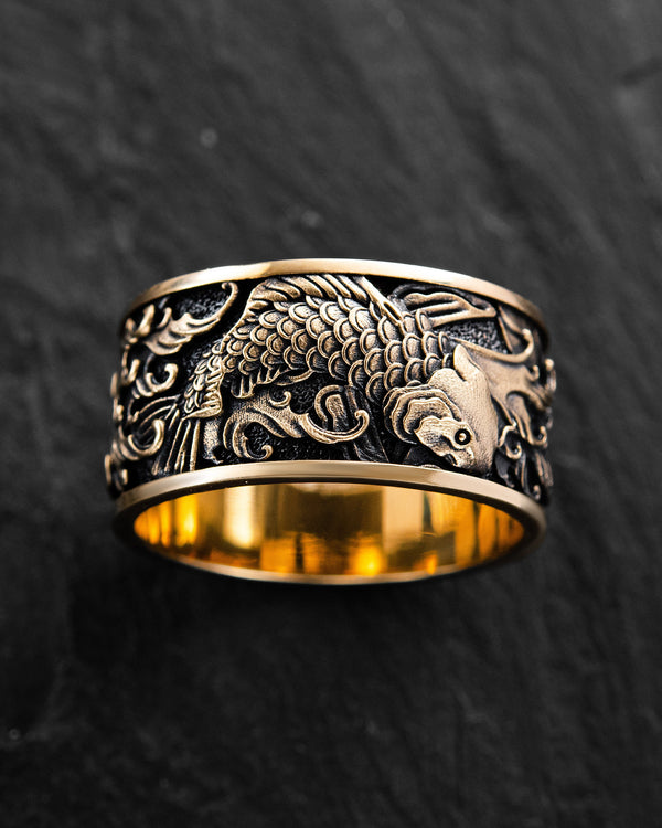 Anello CARPE KOI GIAPPONESI E ONDE (oro giallo 14k)