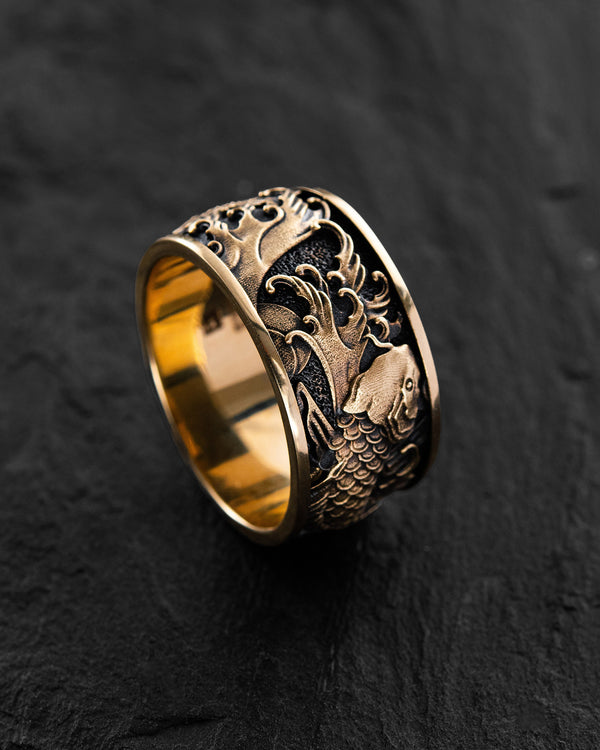 Anello CARPE KOI GIAPPONESI E ONDE (oro giallo 14k)