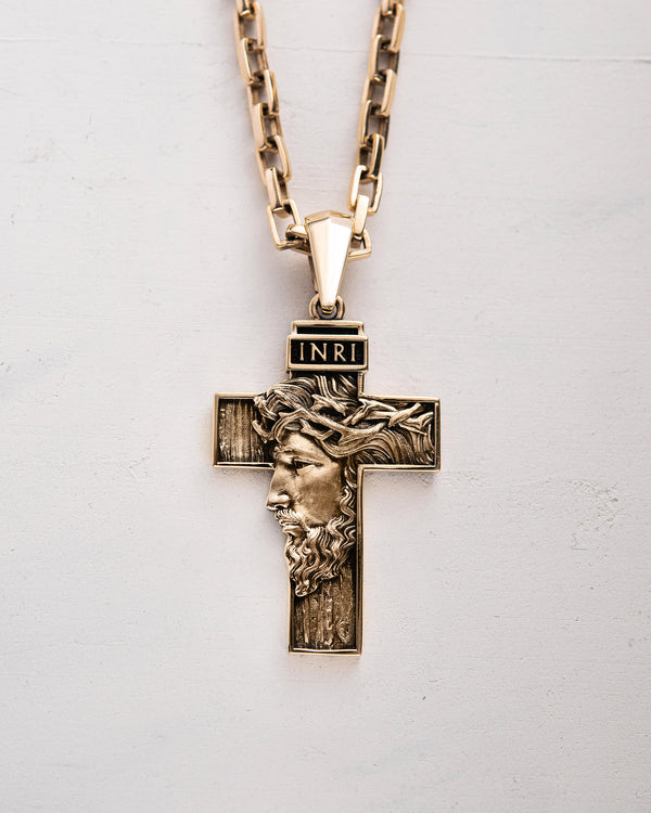Cross FACE OF JESUS CHRIST. INRI (14k yellow gold)