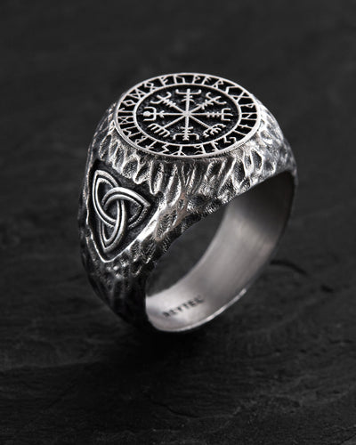 Silver ring VEGVISIR. RUNES