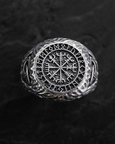Silver ring VEGVISIR. RUNES