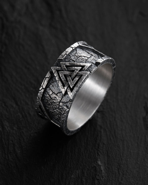 Silver ring VALKNUT. RUNES