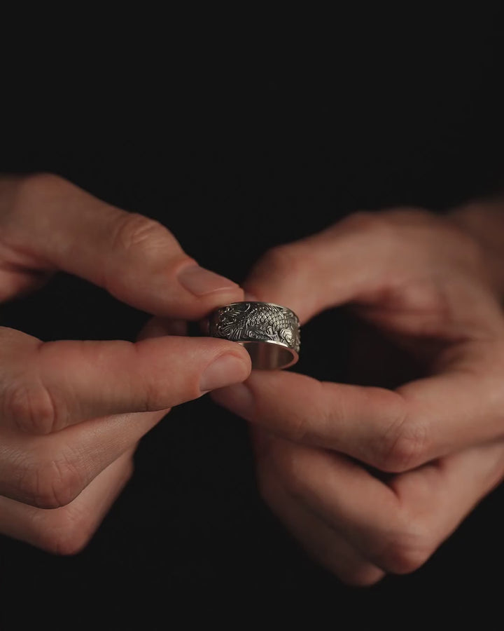 Silver ring JAPANESE KOI CARPS AND WAVES