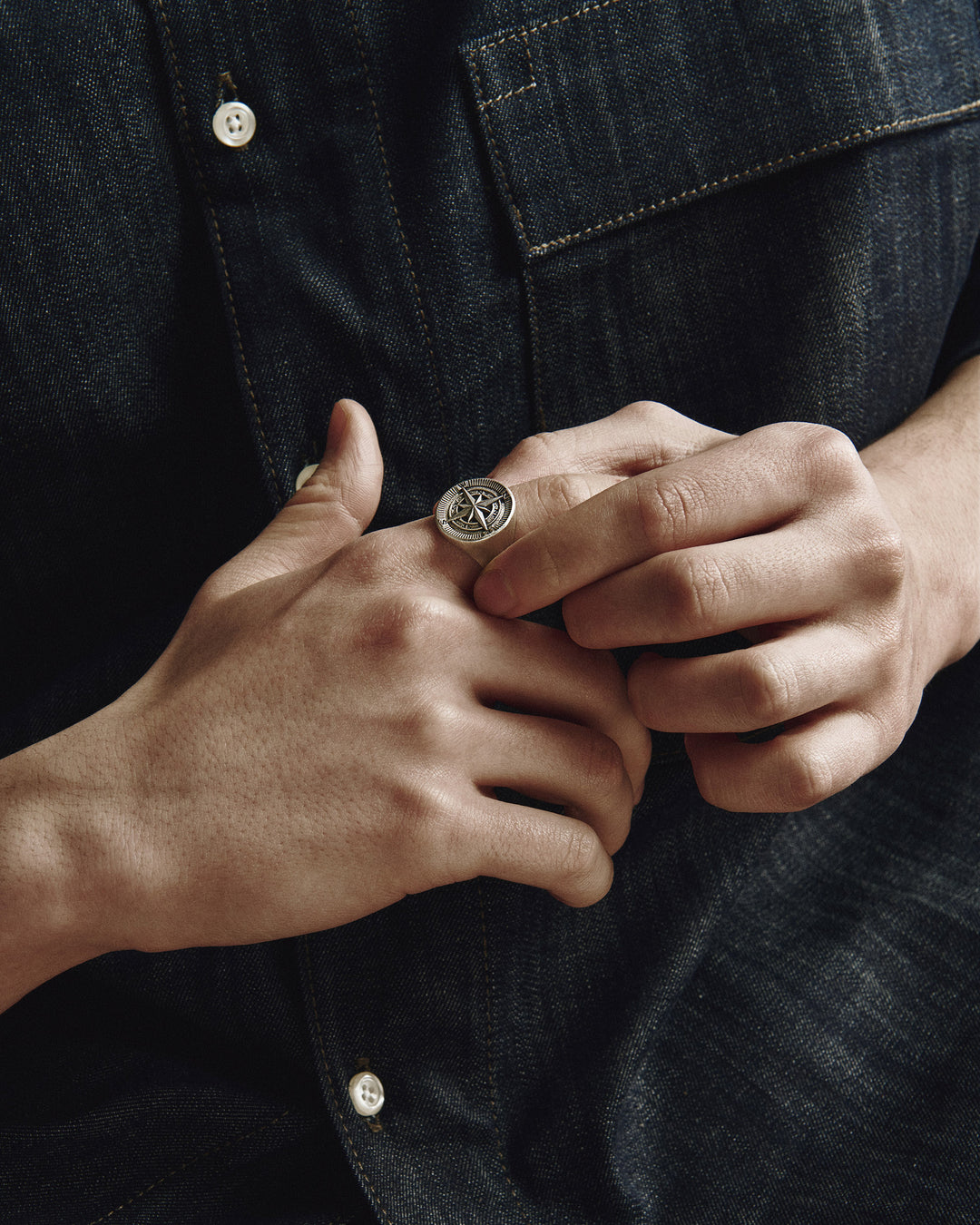 Silver ring COMPASS. POLAR STAR