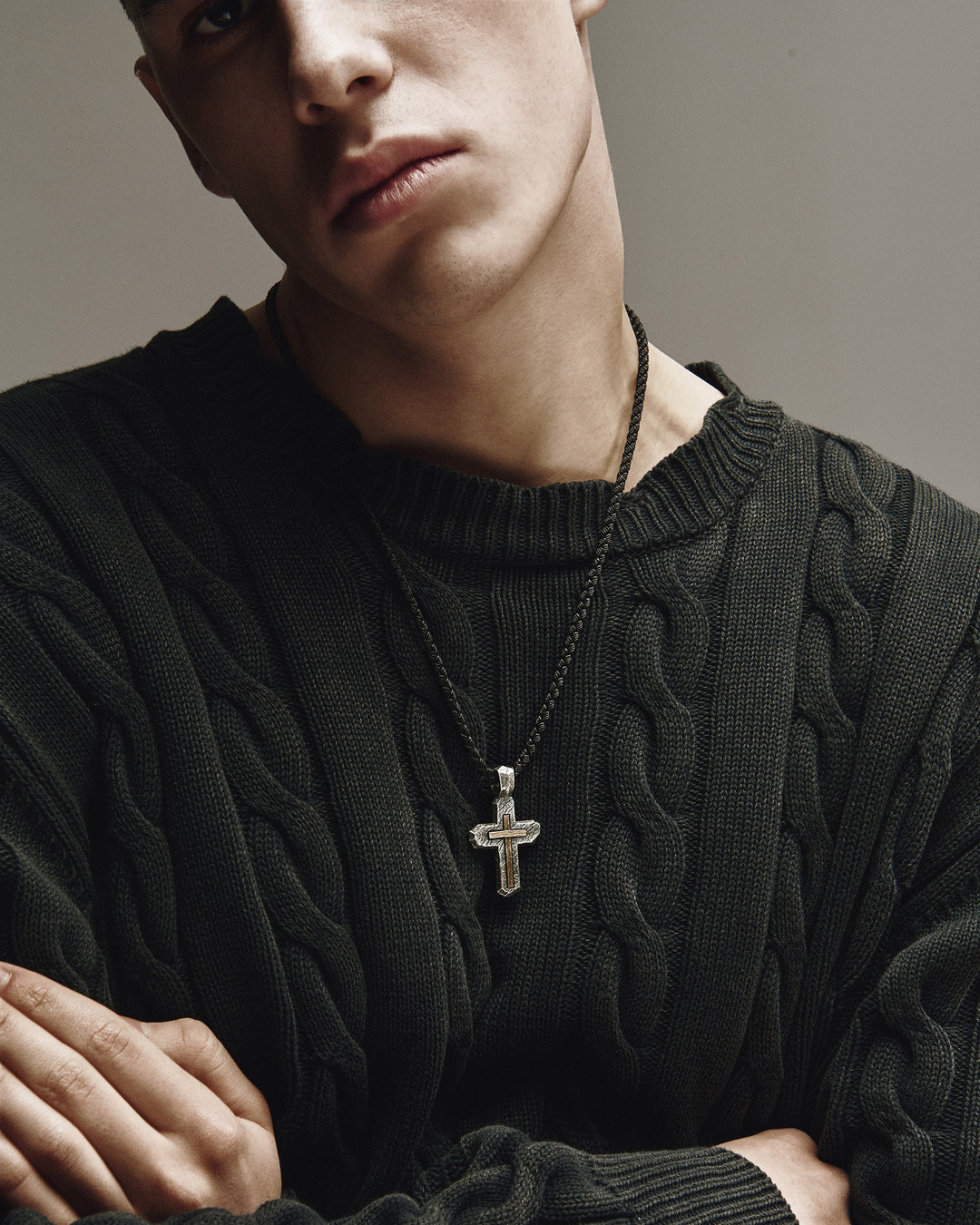 Silver cross CALVARY CROSS. IN GOD WE TRUST (inset of yellow gold 18k)